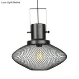 Industrial Mesh Cage Pendant Light - Black Metal Single Lamp For Living Room Hanging With Shade