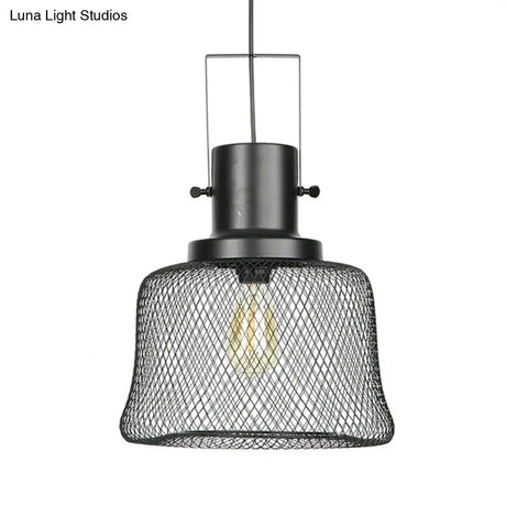 Industrial Mesh Cage Pendant Light - Black Metal Single Lamp For Living Room Hanging With Shade