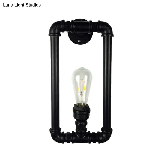 Industrial Metal 1-Light Bedroom Sconce Lamp In Matte Black Rectangle Design With Pipe Detailing