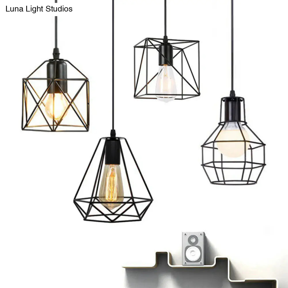 Industrial Metal Wire Cage Bedside Pendant Light - Black Hanging Lamp Kit