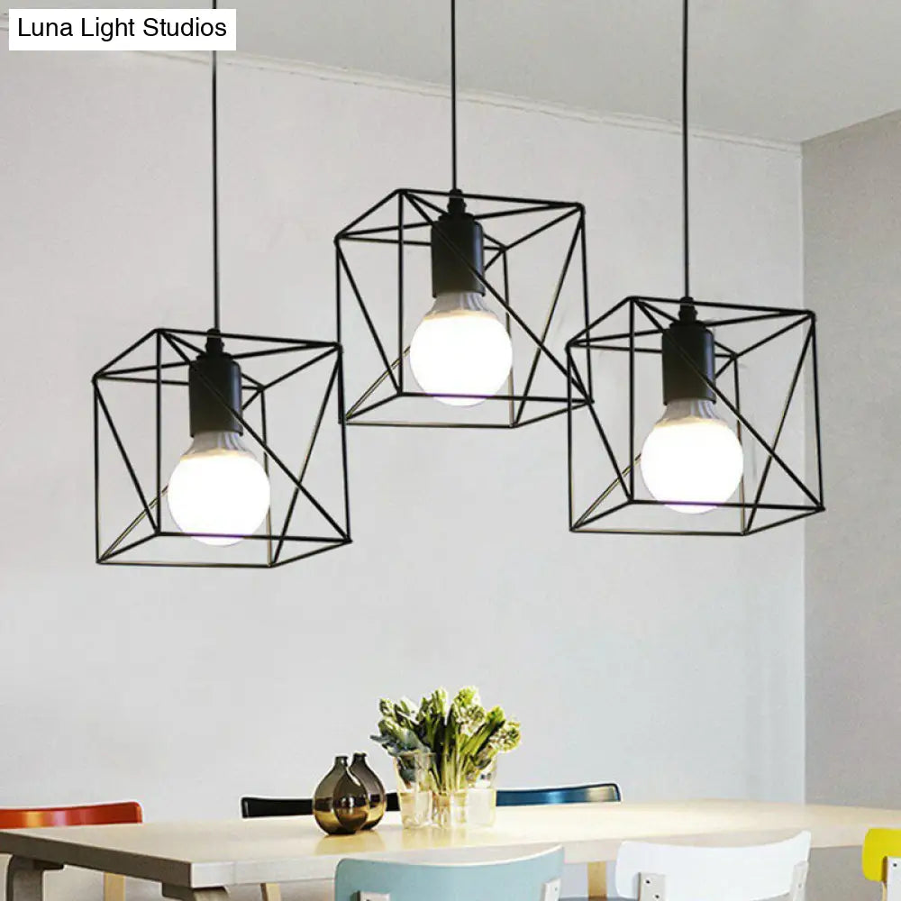 Industrial Metal Wire Cage Bedside Pendant Light - Black Hanging Lamp Kit / D