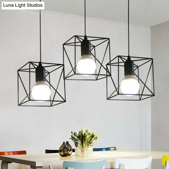 Industrial Metal Wire Cage Bedside Pendant Light - Black Hanging Lamp Kit / D