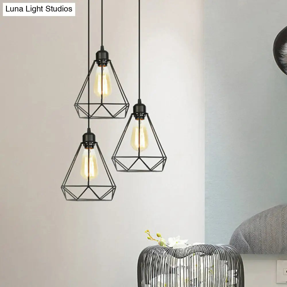 Industrial Metal Wire Cage Bedside Pendant Light - Black Hanging Lamp Kit / B