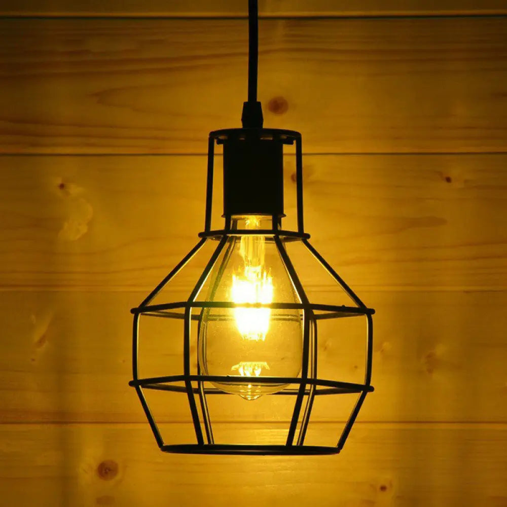 Industrial Metal 1-Light Black Cage Pendant Light - Stylish Bedside Fixture / A