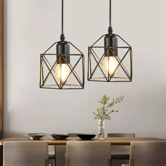 Industrial Metal 1-Light Black Cage Pendant Light - Stylish Bedside Fixture / C