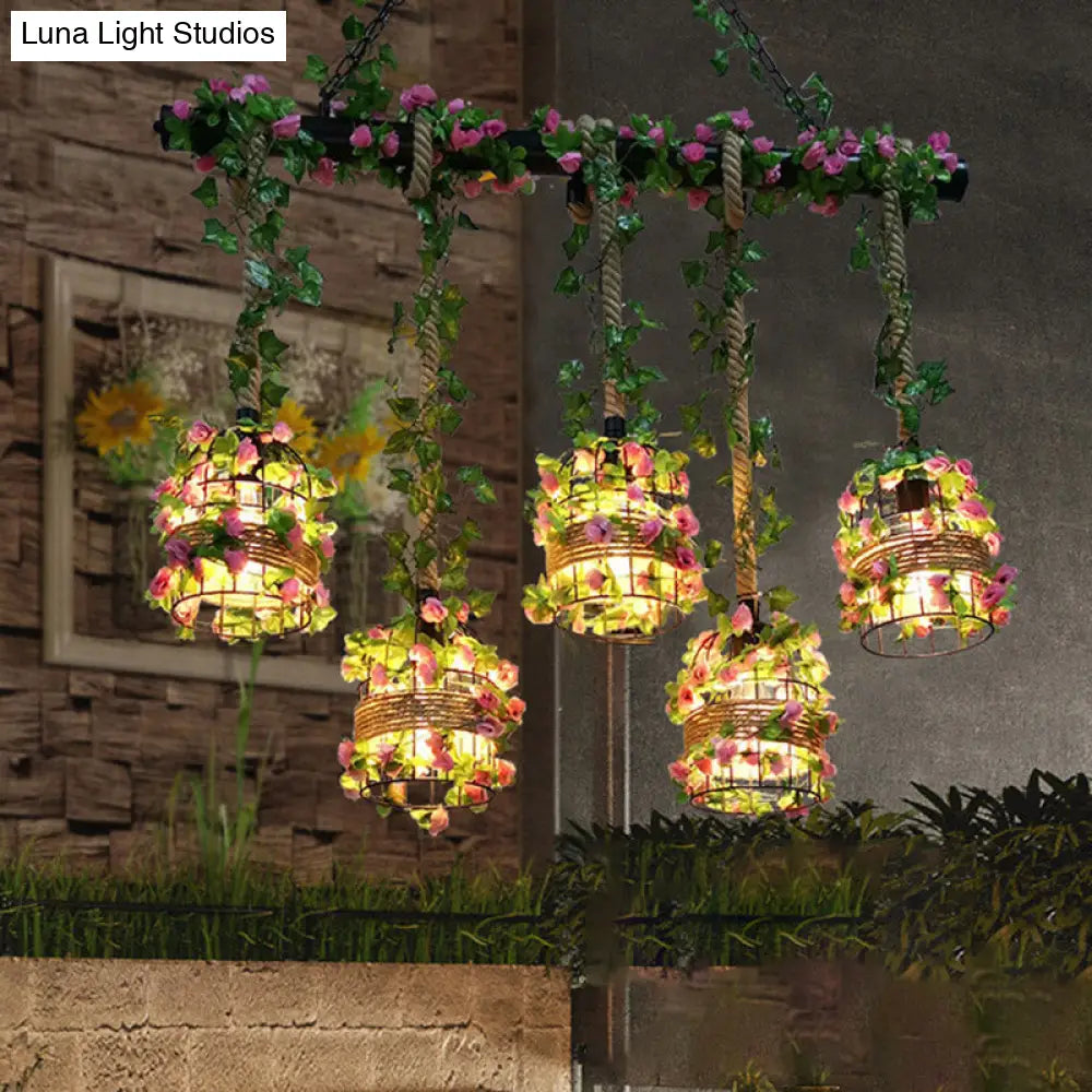 Industrial Metal 5-Head Black Cage Island Lighting Fixture For Restaurants And Plants