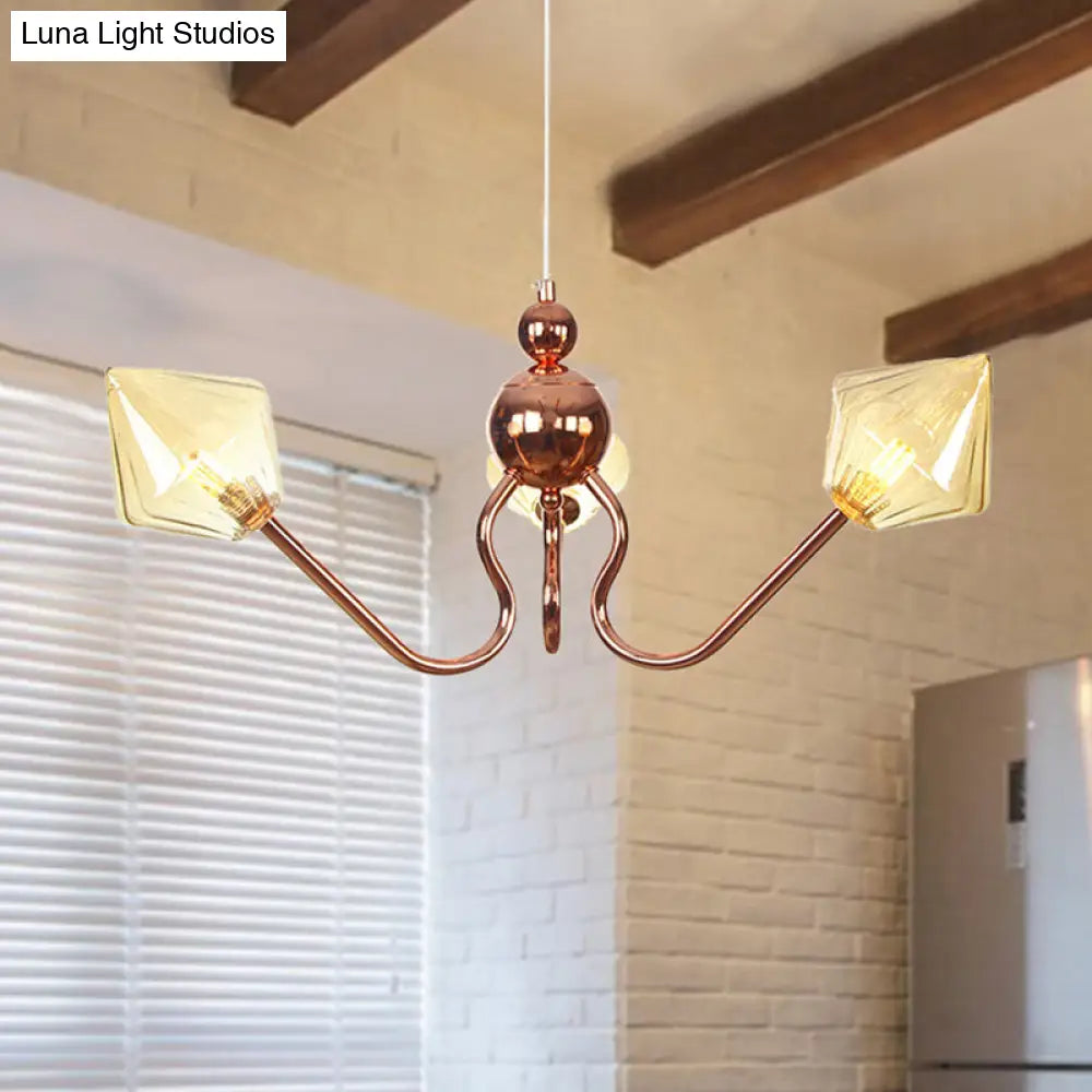 Industrial Metal And Glass Diamond Chandelier - 3-Light Kitchen Pendant In Amber/Clear Shade