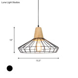 Industrial Metal And Wood Pendant Light With Cage Shade In Black - Saucer/Polygon/Diamond Shape