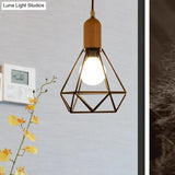 Industrial Metal And Wood Pendant Light With Cage Shade In Black - Saucer/Polygon/Diamond Shape