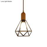 Industrial Metal And Wood Pendant Light With Cage Shade In Black - Saucer/Polygon/Diamond Shape