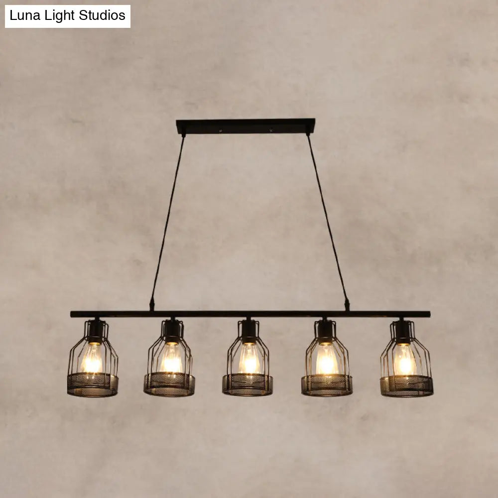 Industrial Metal Bar Chandelier: Black Birdcage Island Lighting Fixture 5 /