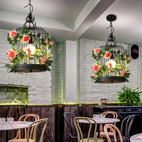 Industrial Metal Birdcage Led Pendant Lamp – Black One Bulb With Flower Decoration