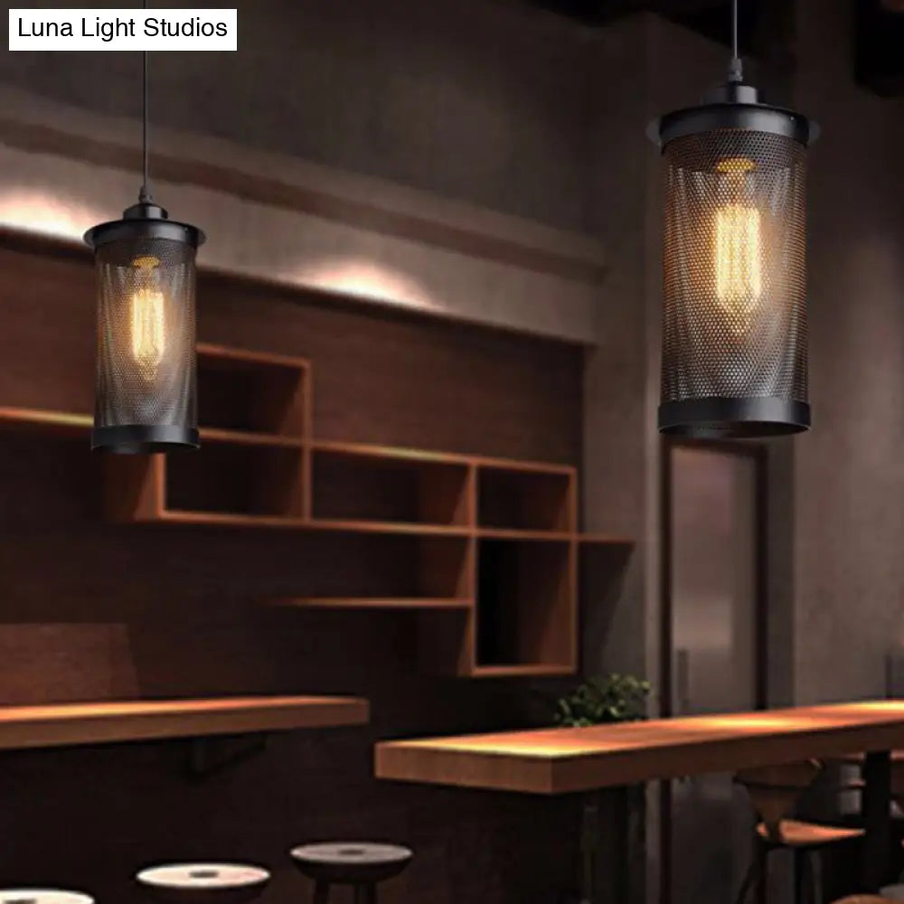 Industrial Metal Black Ceiling Hanging Lantern Pendant With Cylindrical Mesh Design - Perfect For