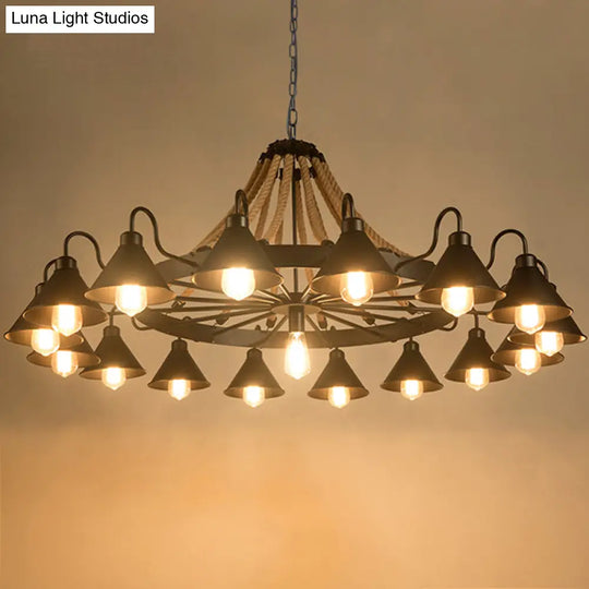 Industrial Metal Black Chandelier With Cone & Rope Design And Wagon Wheel Suspension