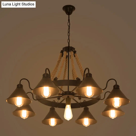 Industrial Black Metal Chandelier With Rope Suspension And Wagon Wheel Design 9 /