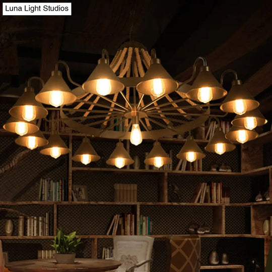 Industrial Black Metal Chandelier With Rope Suspension And Wagon Wheel Design