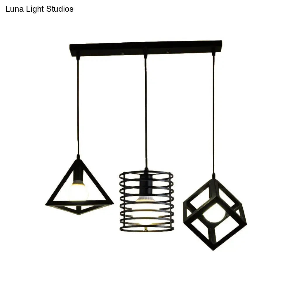 Industrial Metal Black Pendant Lamp With Wire Cage 3 Bulbs And Stylish Hanging Lighting For