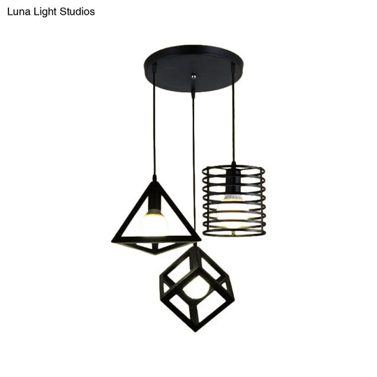 Metal Black Pendant Lamp With Wire Cage And 3 Bulbs - Industrial Stylish Hanging Lighting For