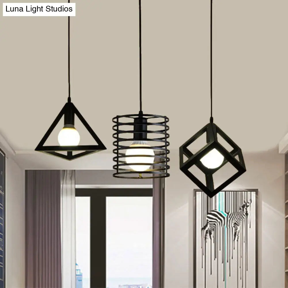 Metal Black Pendant Lamp With Wire Cage And 3 Bulbs - Industrial Stylish Hanging Lighting For