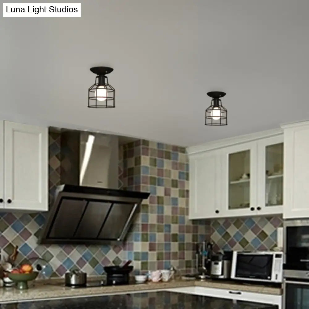Industrial Metal Cage Flush Mount Ceiling Light In Black - Perfect For Living Rooms