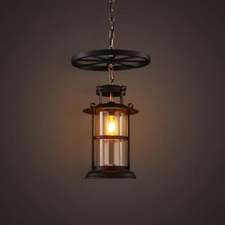 Industrial Metal Cage Pendant Lamp With Wheel Decoration - Black