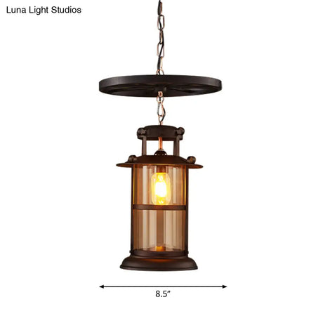 Industrial Metal Cage Pendant Lamp With Wheel Decoration - Black