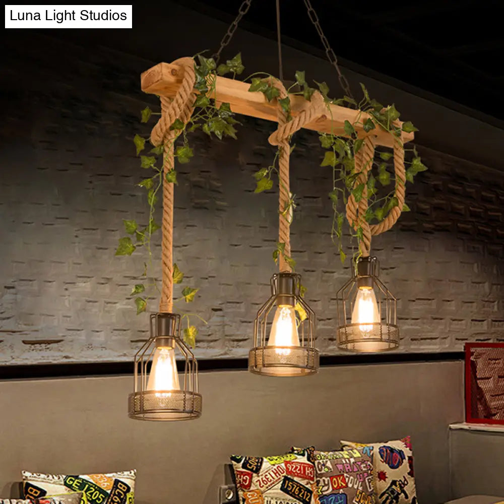Industrial Metal Caged Island Pendant Light With Rope Hanging Lamp - Brown 3 /