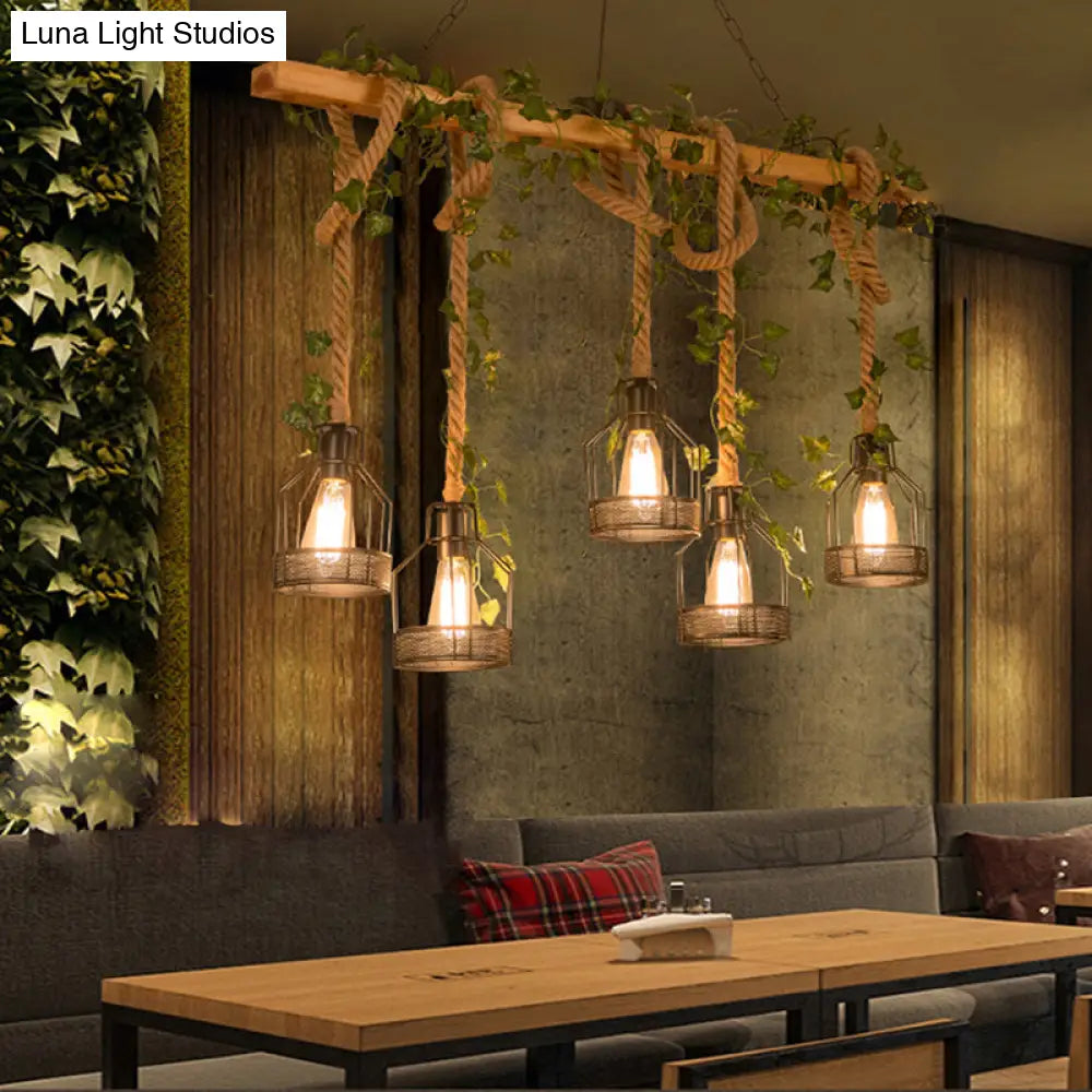 Industrial Metal Caged Island Pendant Light With Rope Hanging Lamp - Brown 5 /