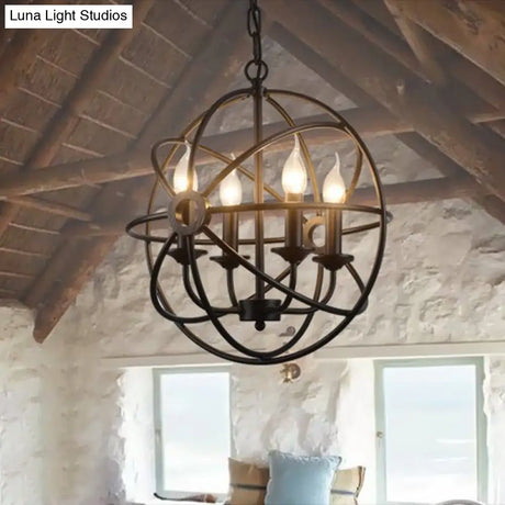 Industrial Metal Caged Pendant Chandelier With Interlinked Rings - 4 Lights For Living Room