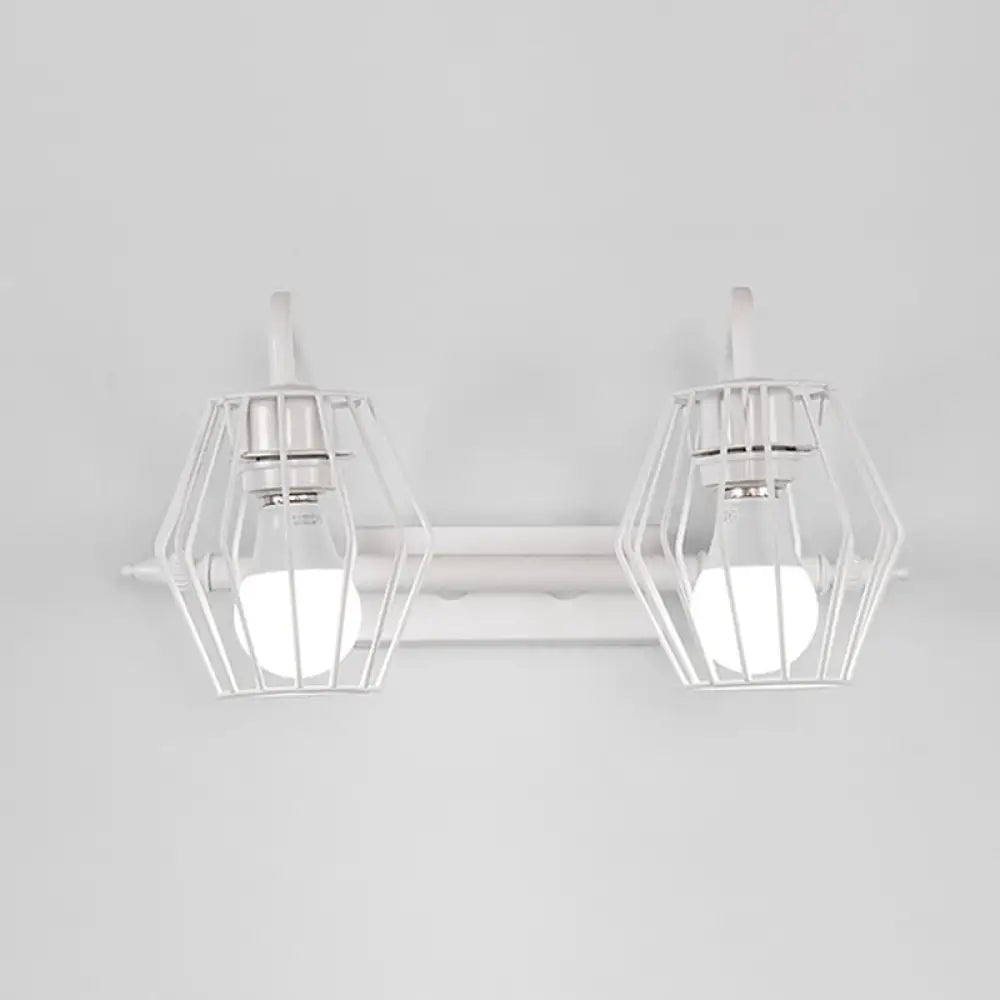 Industrial Metal Caged Wall Mount Sconce Light - 2/3 Lights For Living Room In Black/White 2 / White