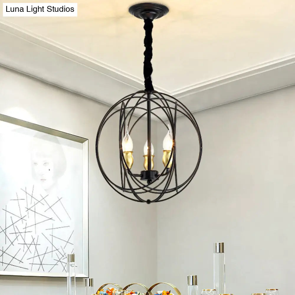 Industrial Metal Candle Pendant Lighting With Orb Cage - 14/19 Wide Black 3/6-Light Fixture For