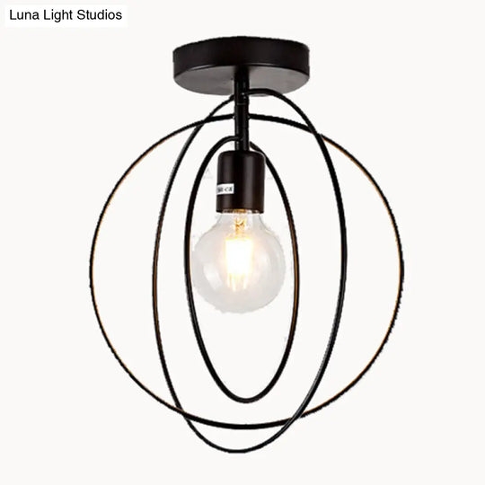Industrial Metal Ceiling Mount Chandelier - 1 Light Semi Flush Fixture For Hallway Black / Circle