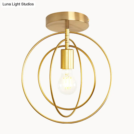 Industrial Metal Ceiling Mount Chandelier - 1 Light Semi Flush Fixture For Hallway Gold / Circle