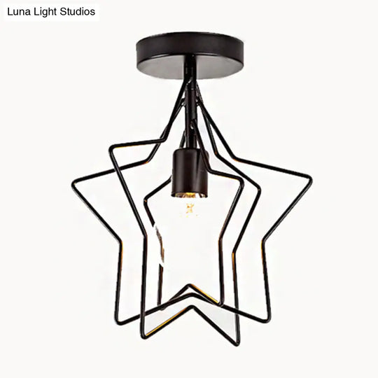 Industrial Metal Ceiling Mount Chandelier - 1 Light Semi Flush Fixture For Hallway Black / Star