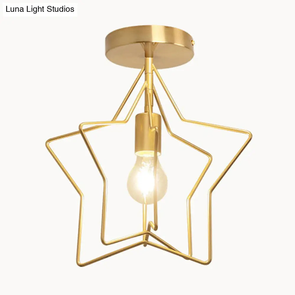 Industrial Metal Ceiling Mount Chandelier - 1 Light Semi Flush Fixture For Hallway Gold / Star