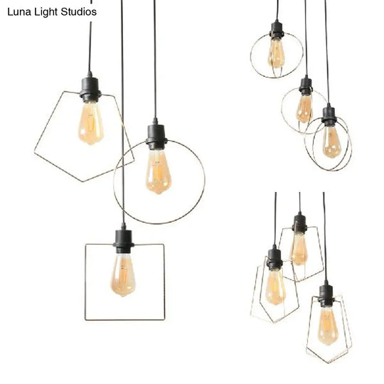 Industrial Metal Ceiling Pendant Fixture With 3 Suspended Lights - Gold Ring/Pentagon/Admix