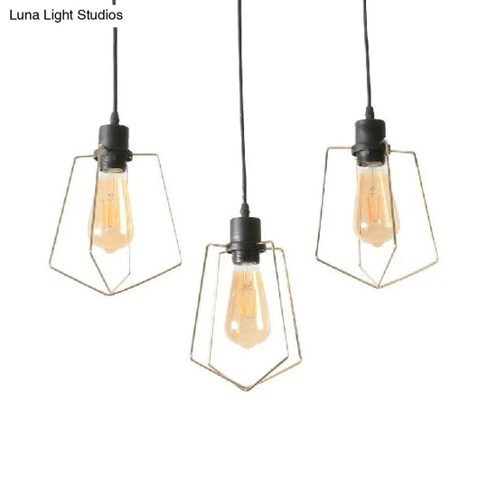 Industrial Metal Ceiling Pendant Fixture With 3 Suspended Lights - Gold Ring/Pentagon/Admix