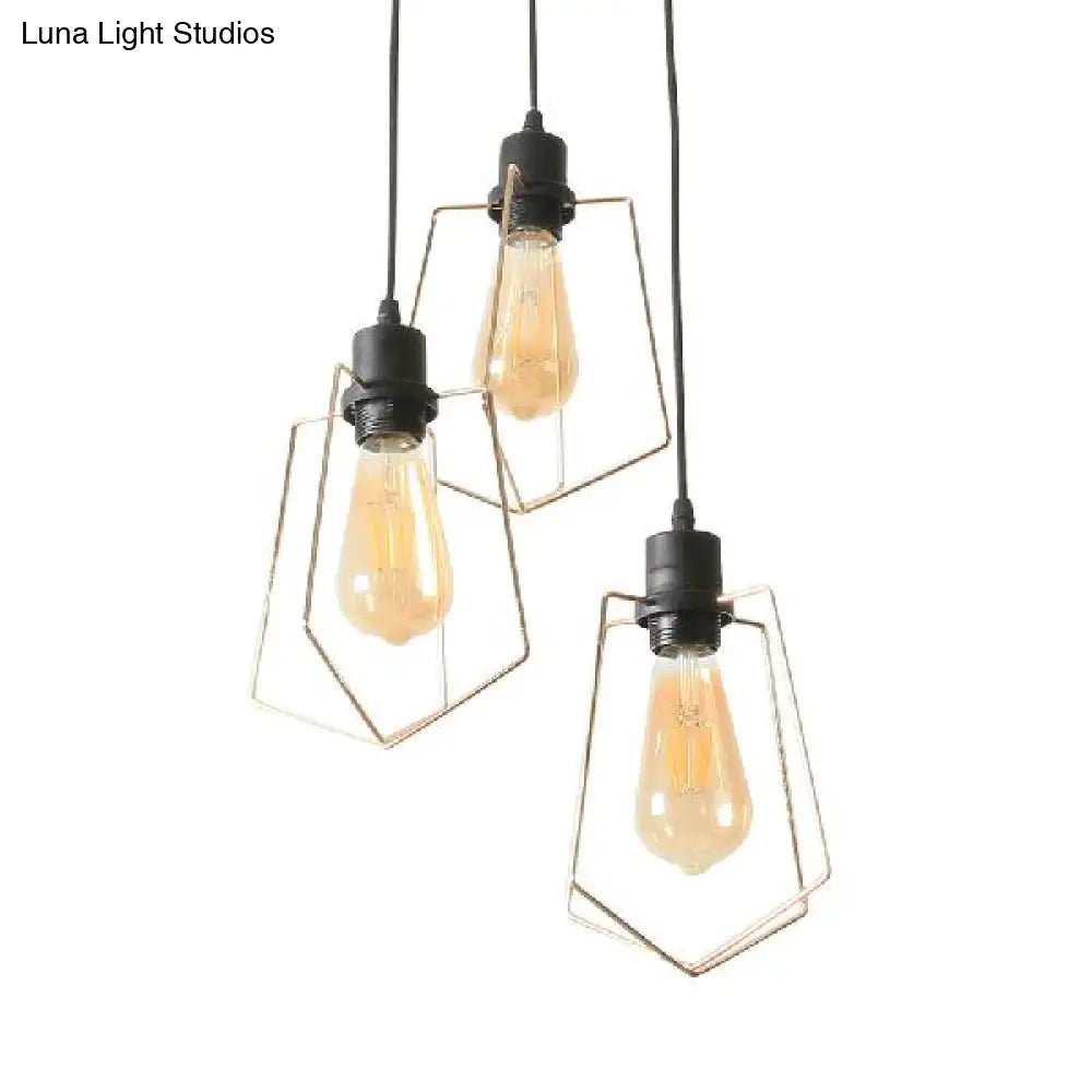 Industrial Metal Ceiling Pendant Fixture With 3 Suspended Lights - Gold Ring/Pentagon/Admix
