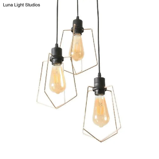 Industrial Metal Ceiling Pendant Fixture With 3 Suspended Lights - Gold Ring/Pentagon/Admix