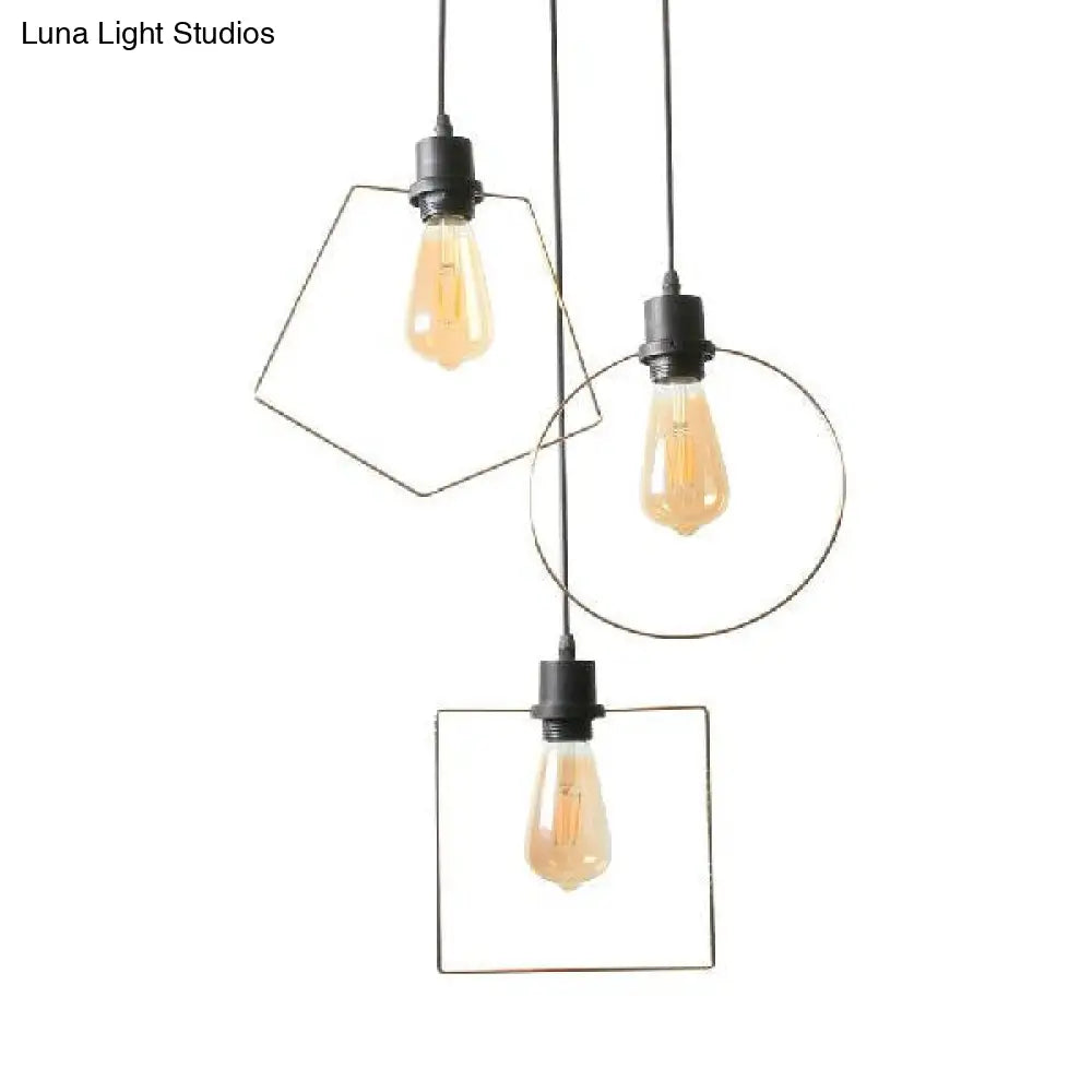 Industrial Metal Ceiling Pendant Light With Gold Ring And Pentagon Design - 3 Lights Suspended Lamp