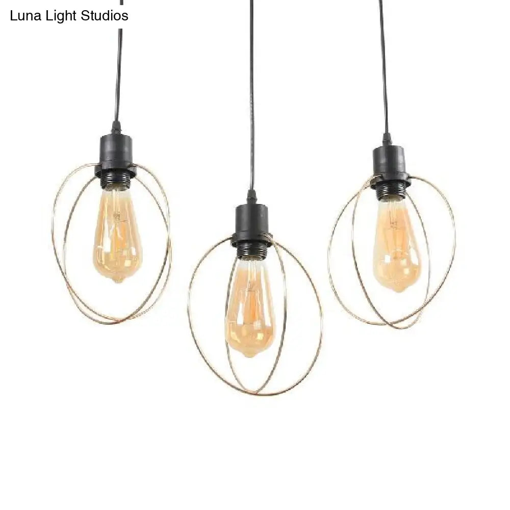Industrial Metal Ceiling Pendant Light With Gold Ring And Pentagon Design - 3 Lights Suspended Lamp