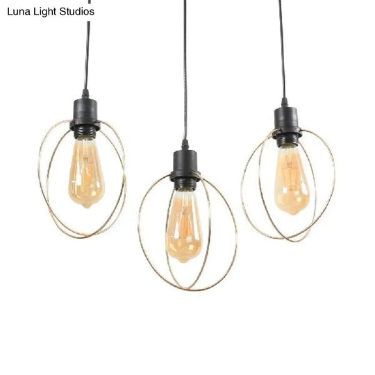 Industrial Metal Ceiling Pendant Light With Gold Ring And Pentagon Design - 3 Lights Suspended Lamp