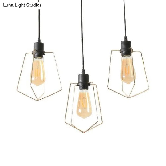 Industrial Metal Ceiling Pendant Light With Gold Ring And Pentagon Design - 3 Lights Suspended Lamp
