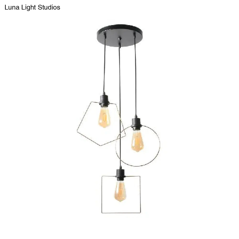Industrial Metal Ceiling Pendant Fixture With 3 Suspended Lights - Gold Ring/Pentagon/Admix