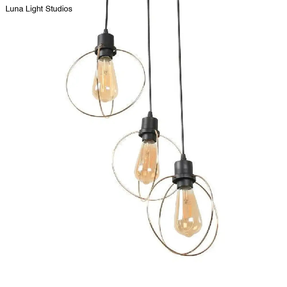 Industrial Metal Ceiling Pendant Light With Gold Ring And Pentagon Design - 3 Lights Suspended Lamp