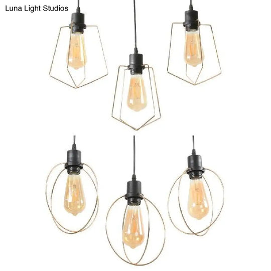 Industrial Metal Ceiling Pendant Light With Gold Ring And Pentagon Design - 3 Lights Suspended Lamp