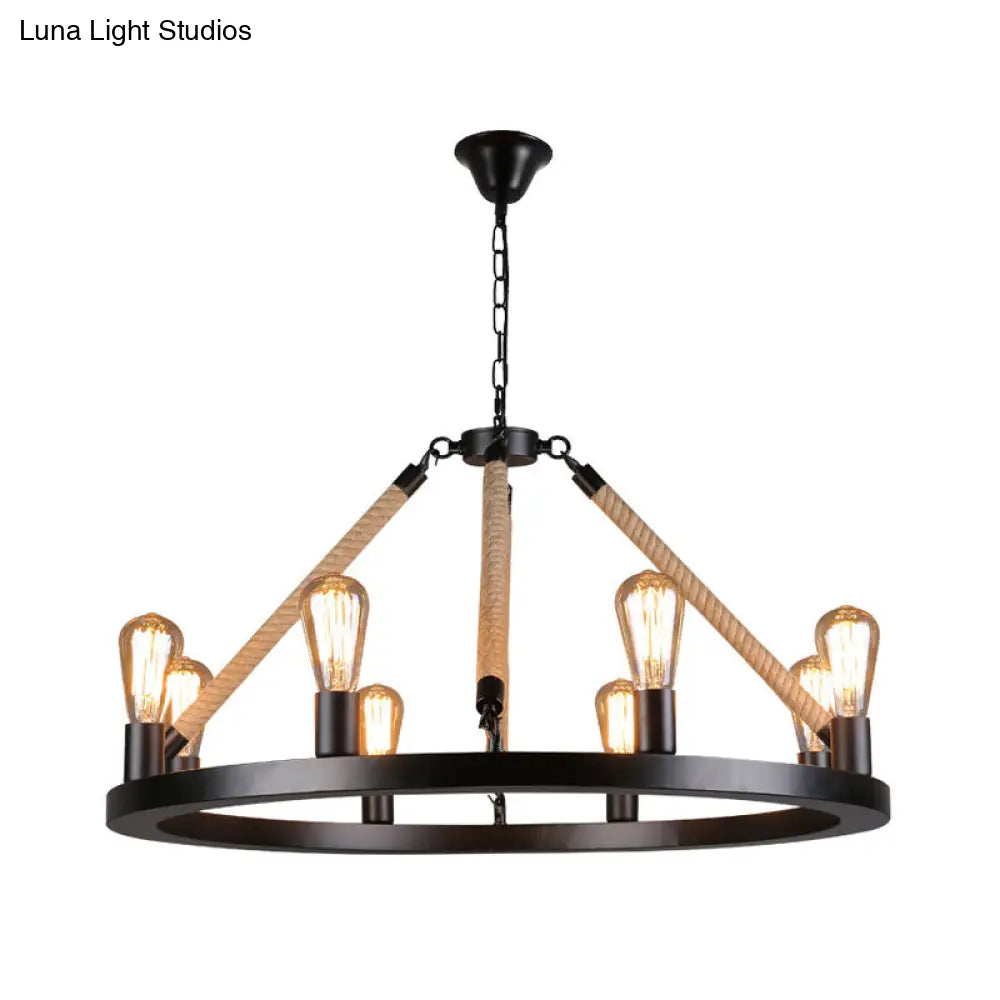 Industrial Open Bulb Metal Chandelier: 6/8-Light Black Pendant Lamp With Rope & Ring Design