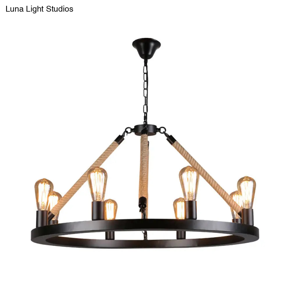 Industrial Metal Chandelier: Open Bulb 6/8-Light Rope Pendant Lamp Black With Ring Design - Dining