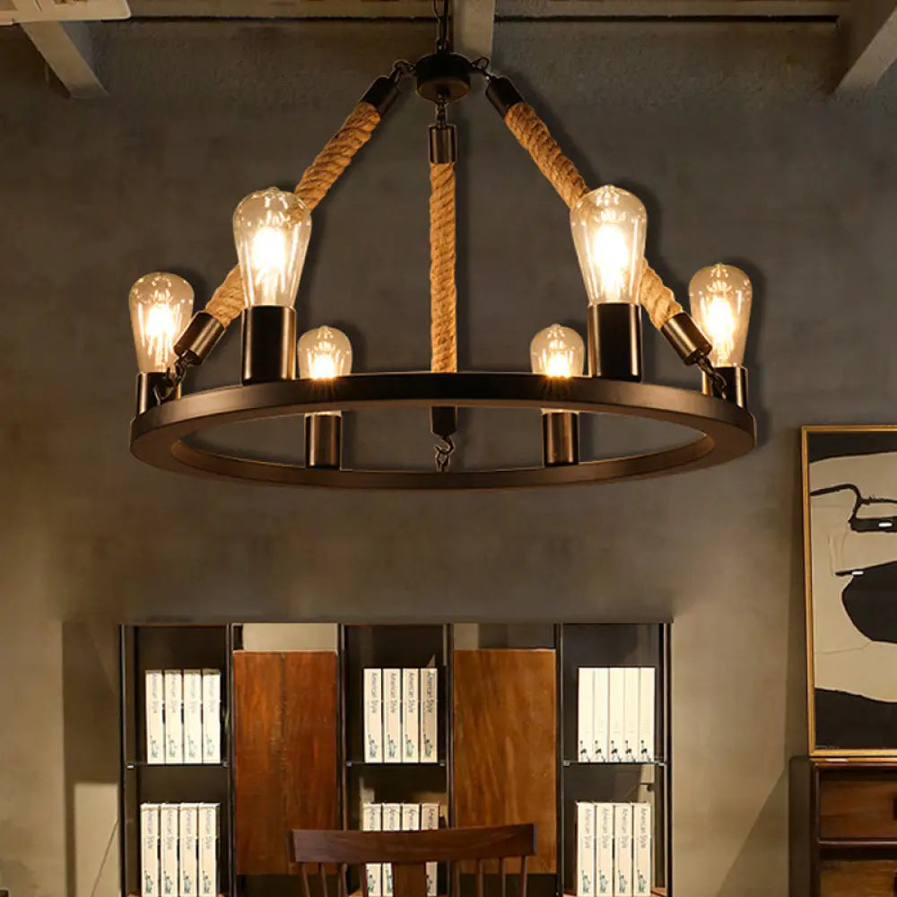 Industrial Metal Chandelier: Open Bulb 6/8-Light Rope Pendant Lamp Black With Ring Design - Dining