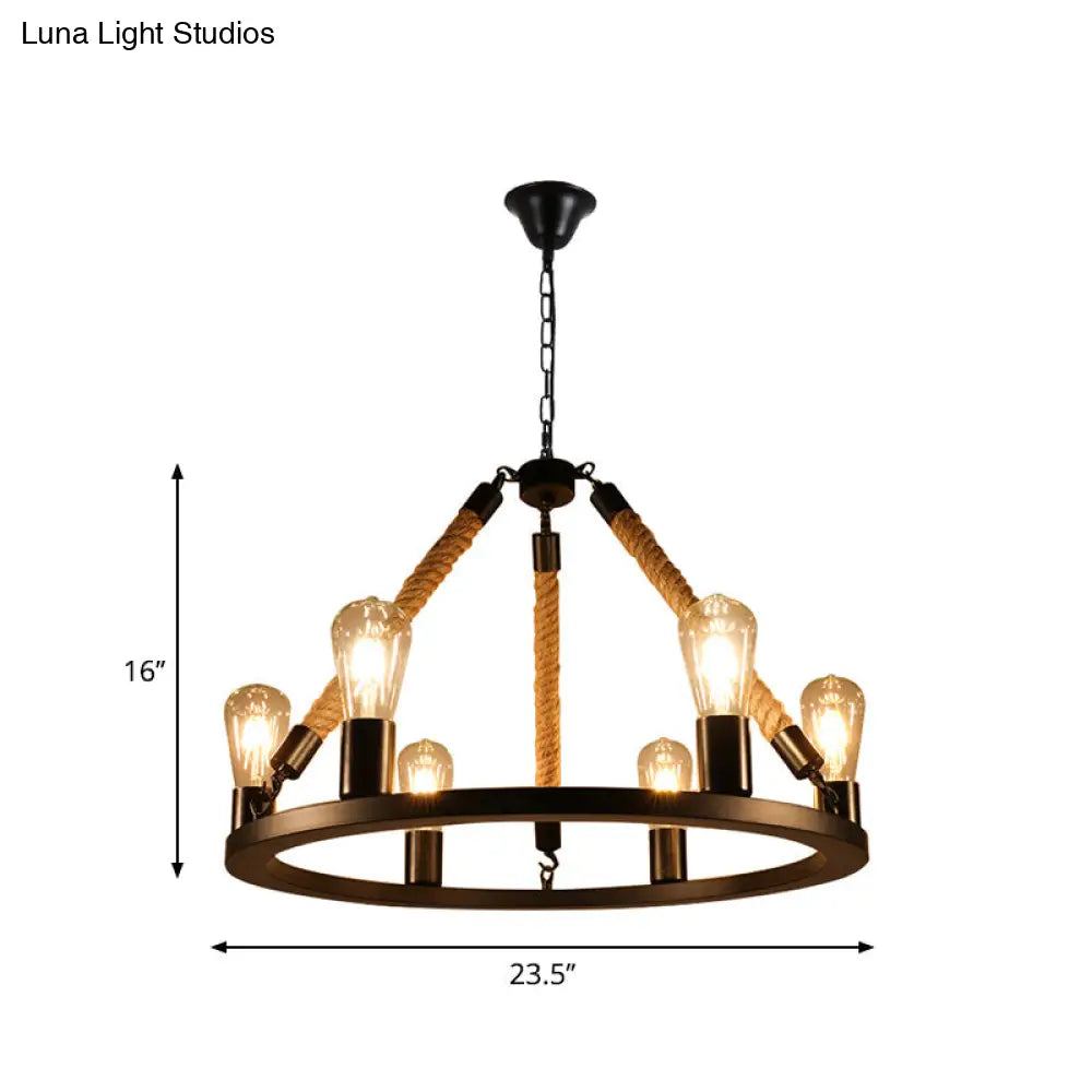 Industrial Metal Chandelier: Open Bulb 6/8-Light Rope Pendant Lamp Black With Ring Design - Dining